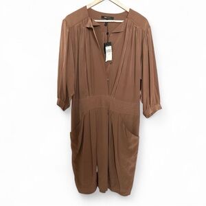 BCBGMAXAZRIA Toffee Color Silk Shell Midi Shirt Dress with Pockets - Size 12 NWT